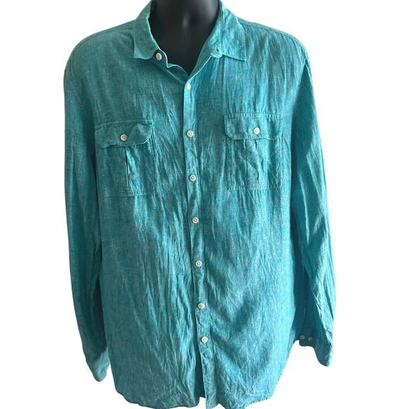 Teal Linen Blend Button Down Shirt XL Slim Fit Long Sleeve Casual Beach Summer - Picture 1 of 5
